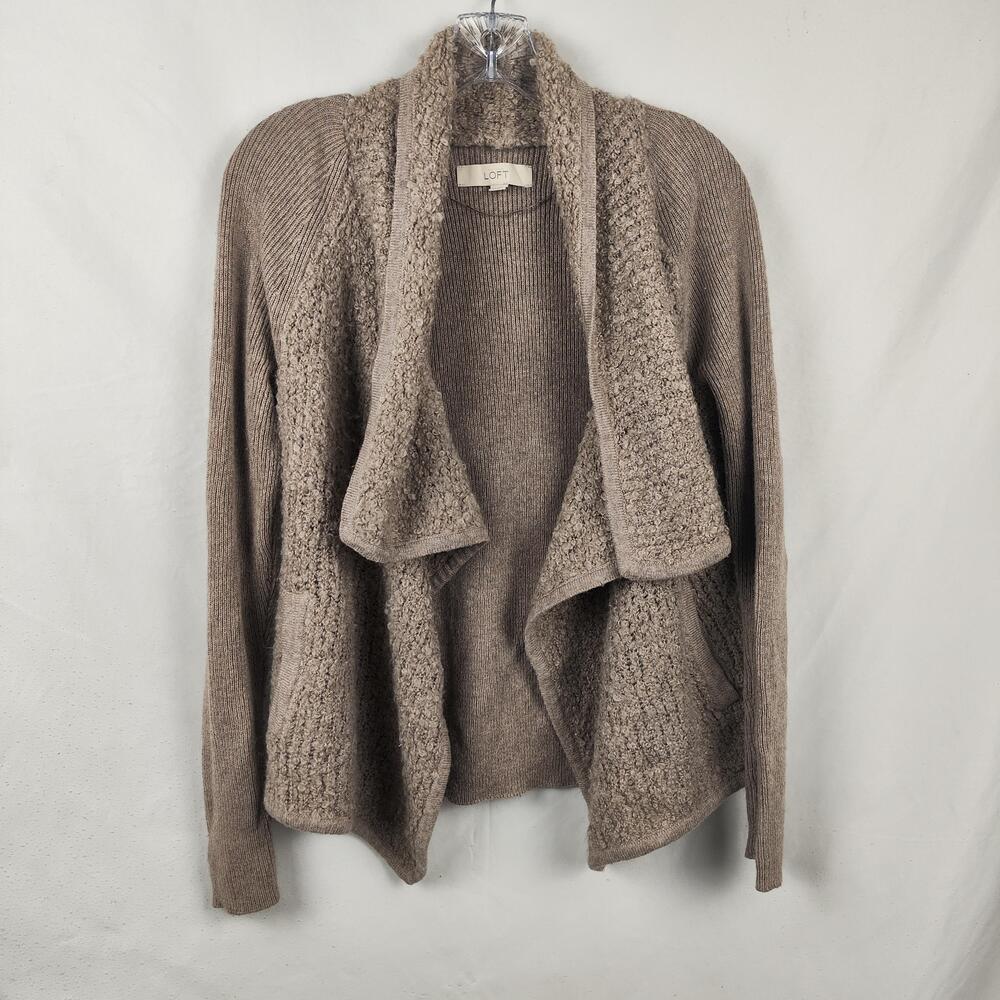 LOFT Sweater Cardigan Womens XS Brown Shawl Collar Open Front Pockets Knit Cozy